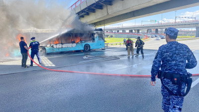В сети появилось видео пожара автобуса с пассажирами на Пулковском шоссе