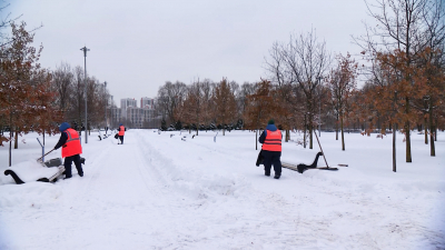 В Пулковском парке дворники расчищают территорию от снега