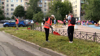 На уборку дворов в Невском районе вышли студенты и школьники