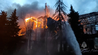 В МЧС показали, как тушат пожар на Крестовском острове