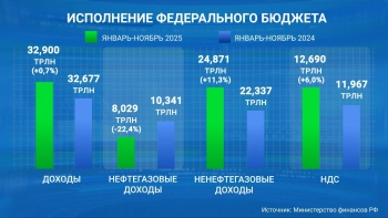 Доходы федерального бюджета за 11 месяцев 2025 года составили почти 33 трлн рублей
