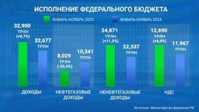 Доходы федерального бюджета за 11 месяцев 2025 года составили почти 33 трлн рублей