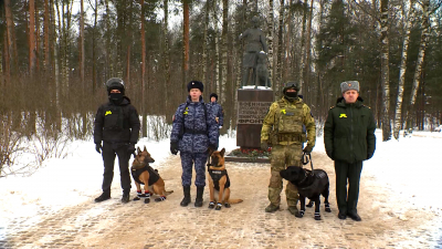 Кинологи Росгвардии возложили цветы к памятнику «Военным дрессировщикам и служебным собакам Ленинградского фронта»