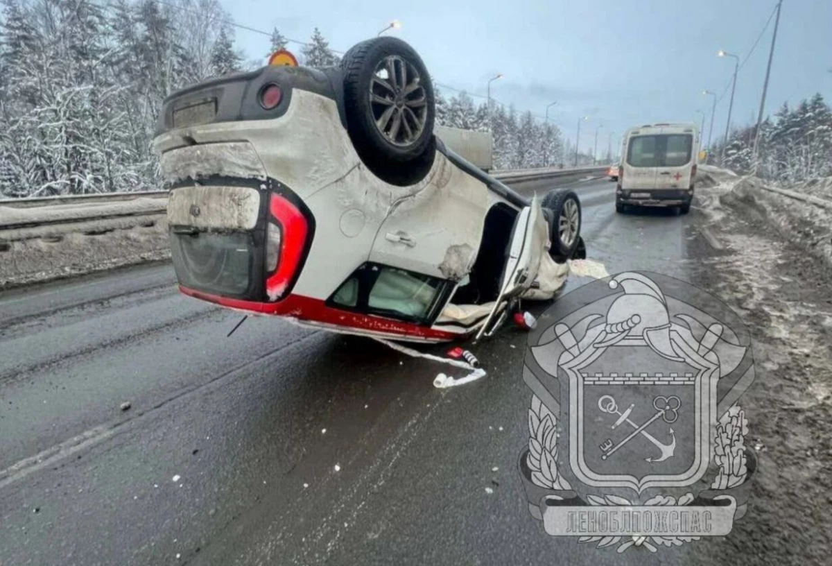 Столкновение с отбойником привело к опрокидыванию автомобиля на Мурманском шоссе: пострадавших нет - tvspb.ru