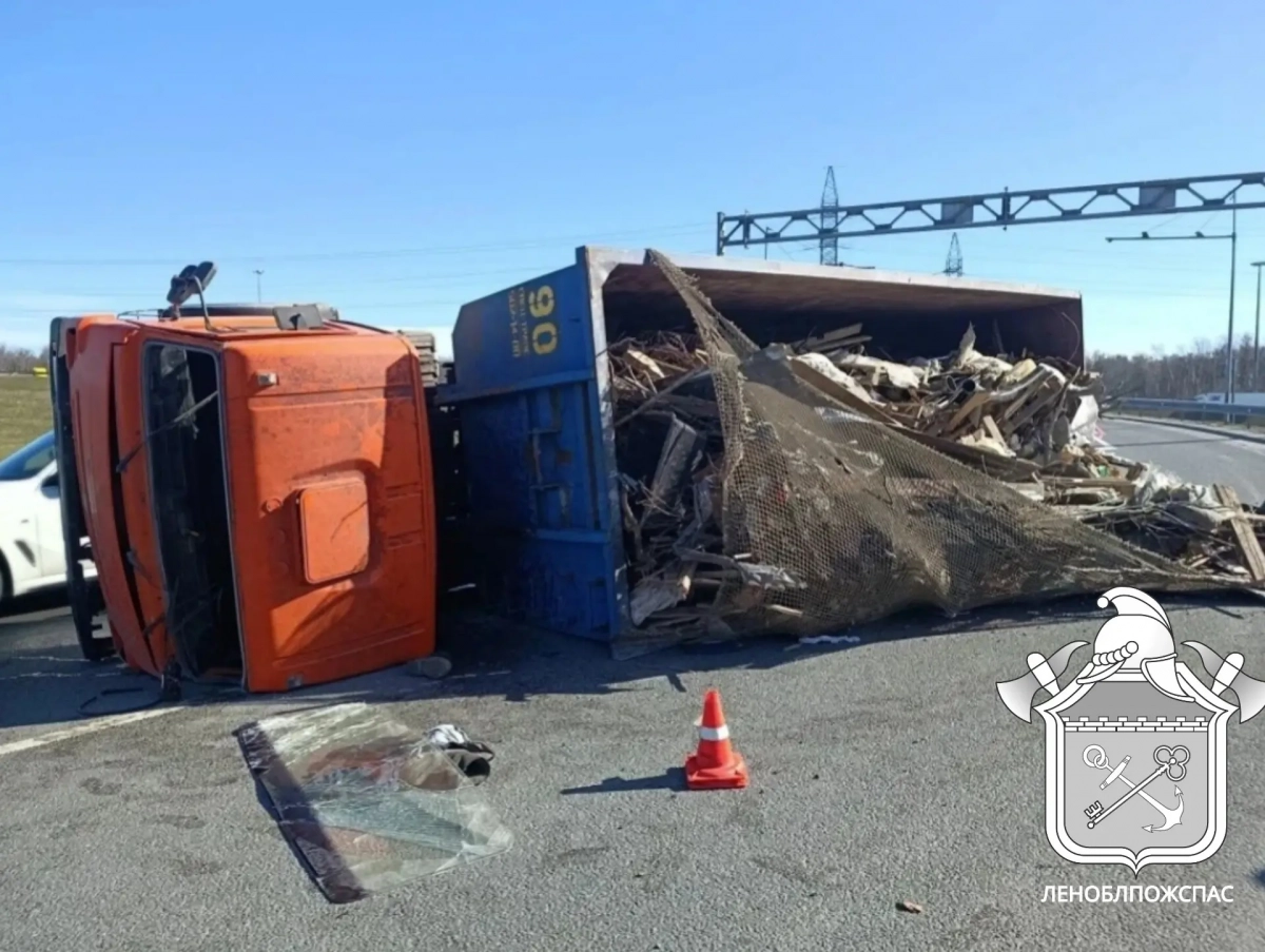 КАМАЗ опрокинулся на съезде с КАД на Мурманское шоссе: перекрыта полоса движения - tvspb.ru